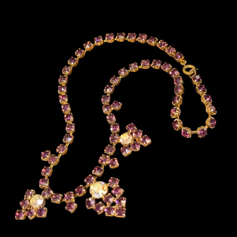 Vintage Purple Rhinestone Bib Necklace Mid-Century Statement 15